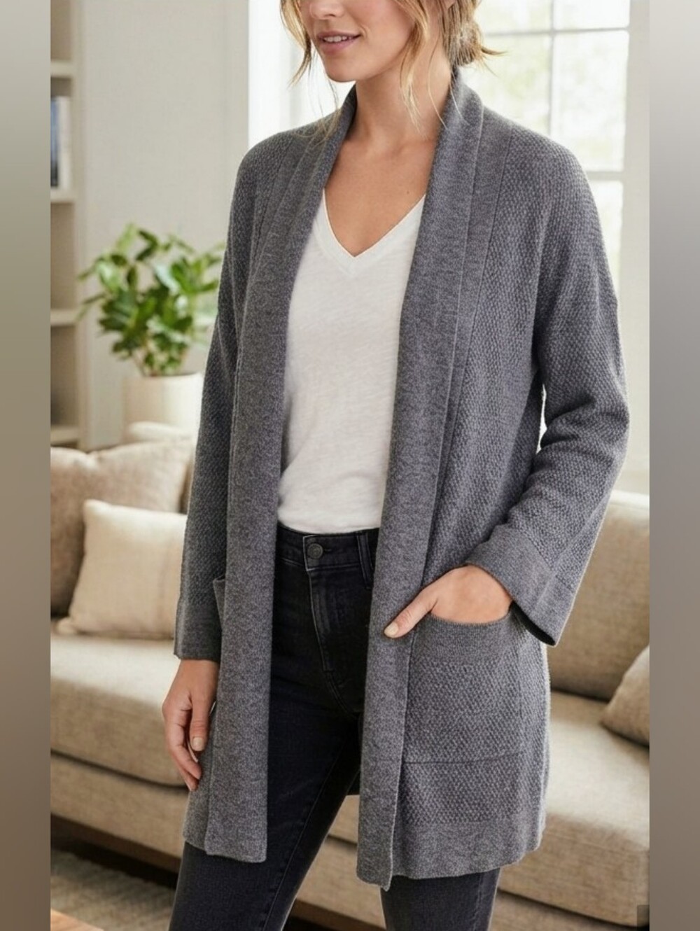 Aritzia Wilfred Free Gray Open Front Longline Duster Cardigan Sweater XXS